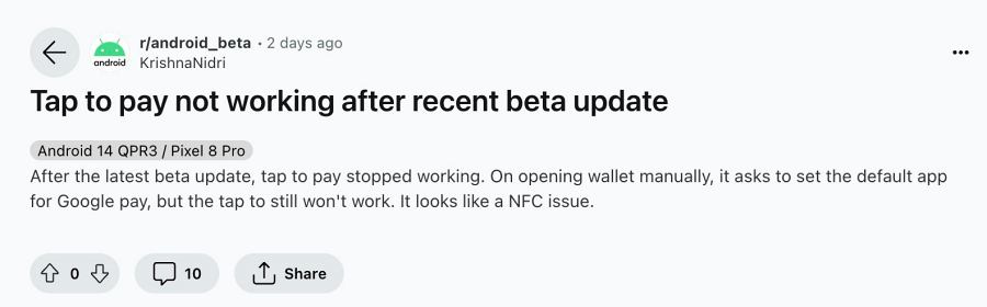 NFC not working on Android 15 Beta 1