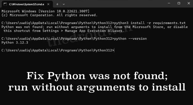 Python was not found; run without arguments to install