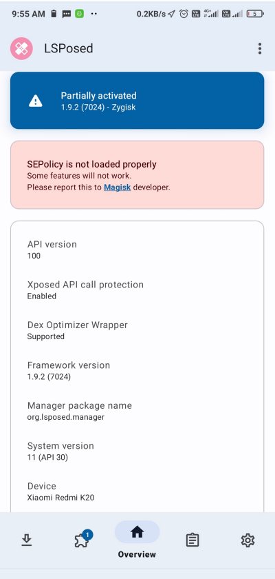 LSposed partially activated: SEPolicy is not loaded properly